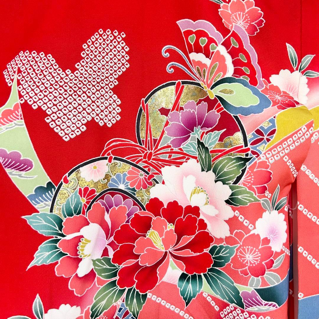 お宮参り　産着　祝着　赤　鼓　舞蝶　絞り柄　四季草花　女の子　襦袢付き