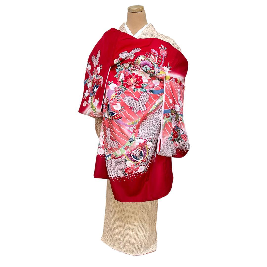 お宮参り　産着　祝着　赤　鼓　舞蝶　絞り柄　四季草花　女の子　襦袢付き