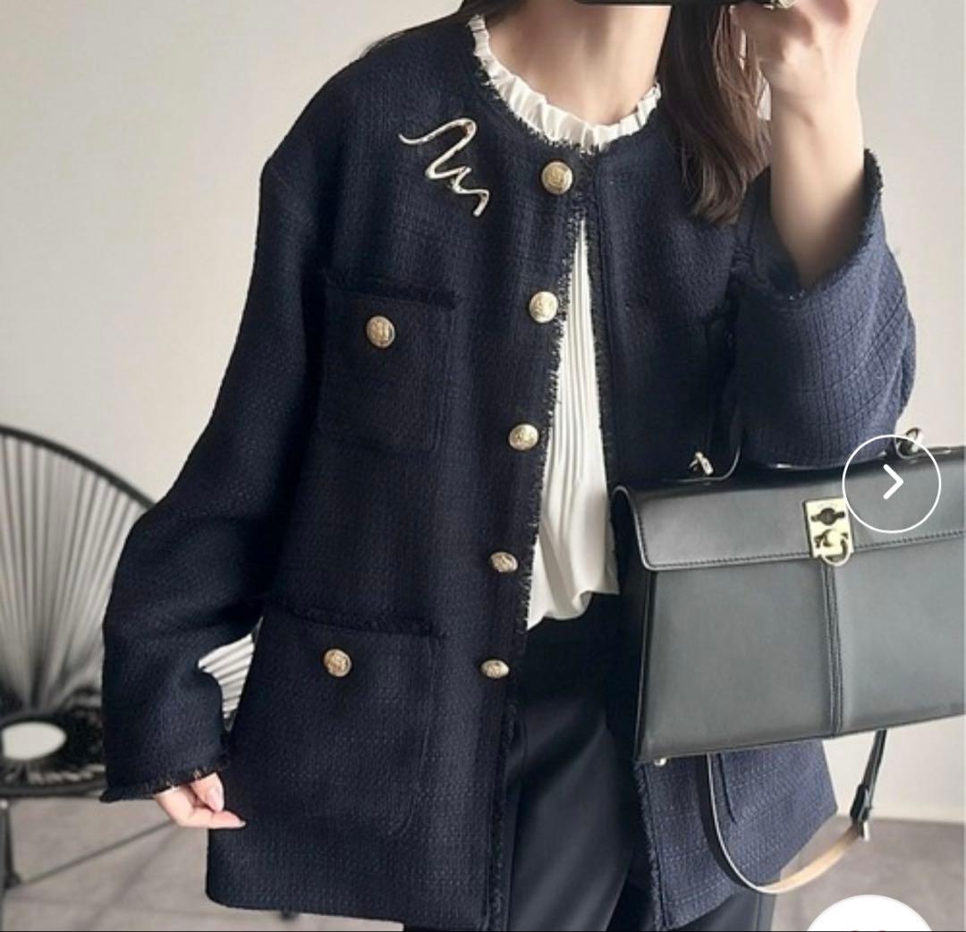 【オケージョン対応】ノーカラー ツイードジャケット