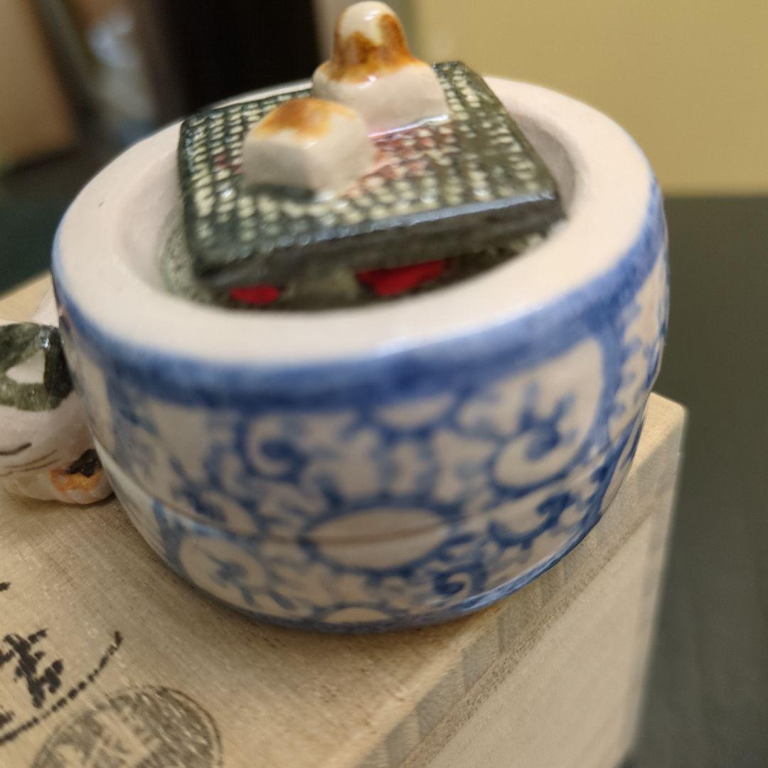香合　火鉢猫　猫　火鉢　お餅　陶器　お香　置物　作家　木箱