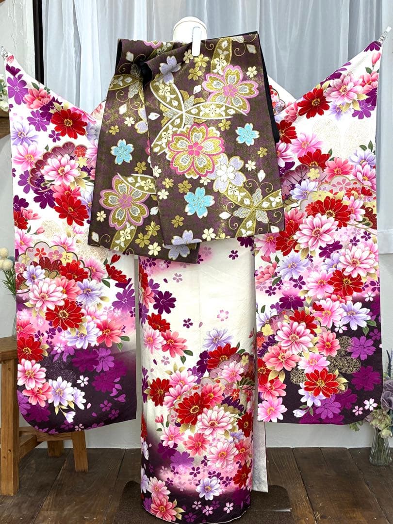 成人式　振袖フルセット　1139 白地　ピンク　紫花柄　正絹　振袖　格安！