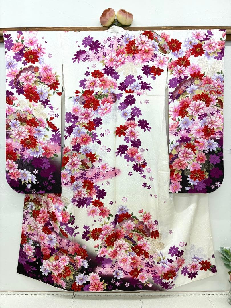 成人式　振袖フルセット　1139 白地　ピンク　紫花柄　正絹　振袖　格安！