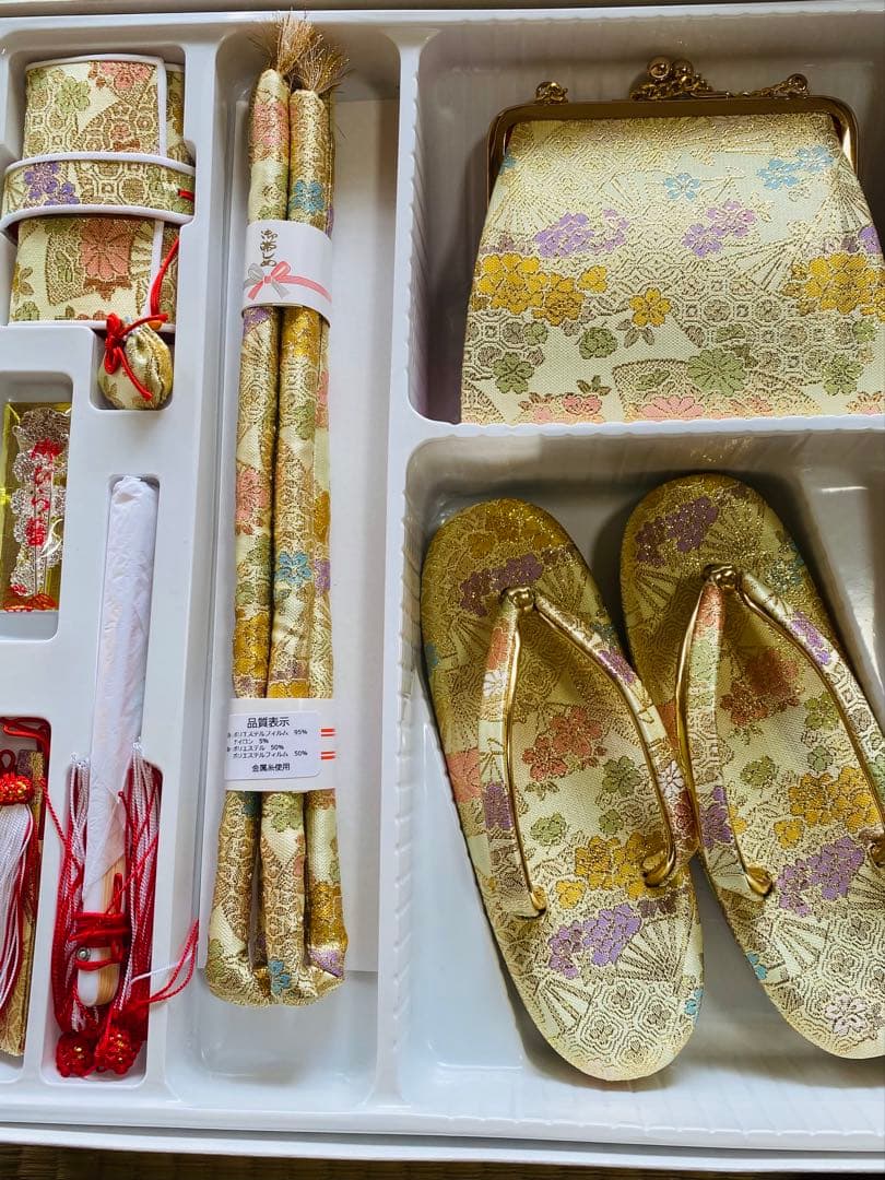 七五三　帯　作り帯　ハコセコセット　ゴールド系　桜模様　草履　７歳　新品　美品