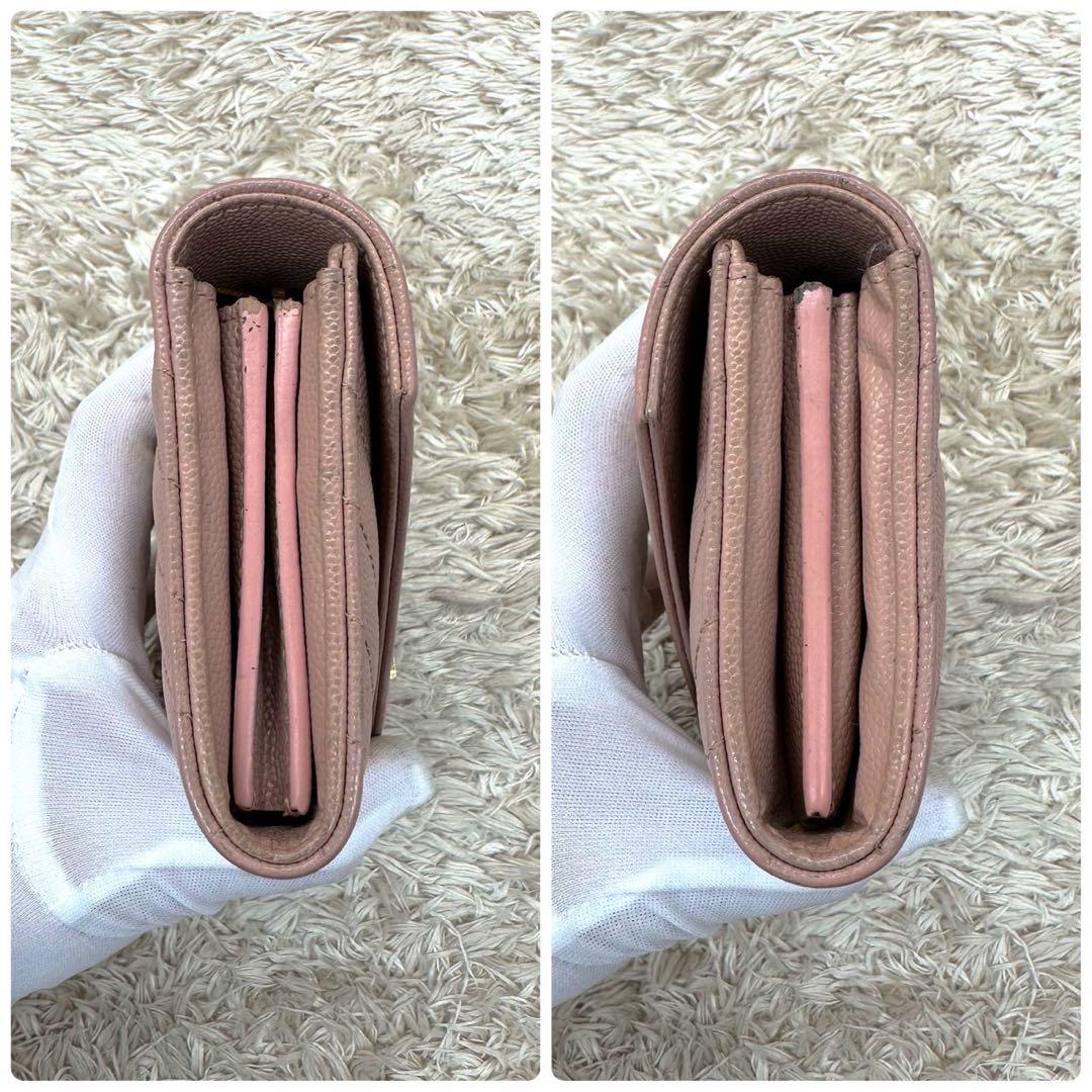 【美品】サンローラン 長財布 フラップ ピンクベージュ キャビアスキン