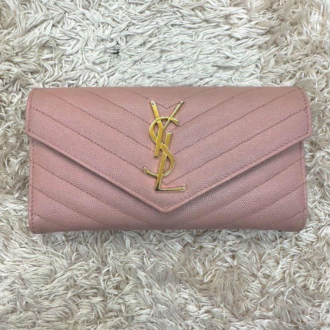 【美品】サンローラン 長財布 フラップ ピンクベージュ キャビアスキン