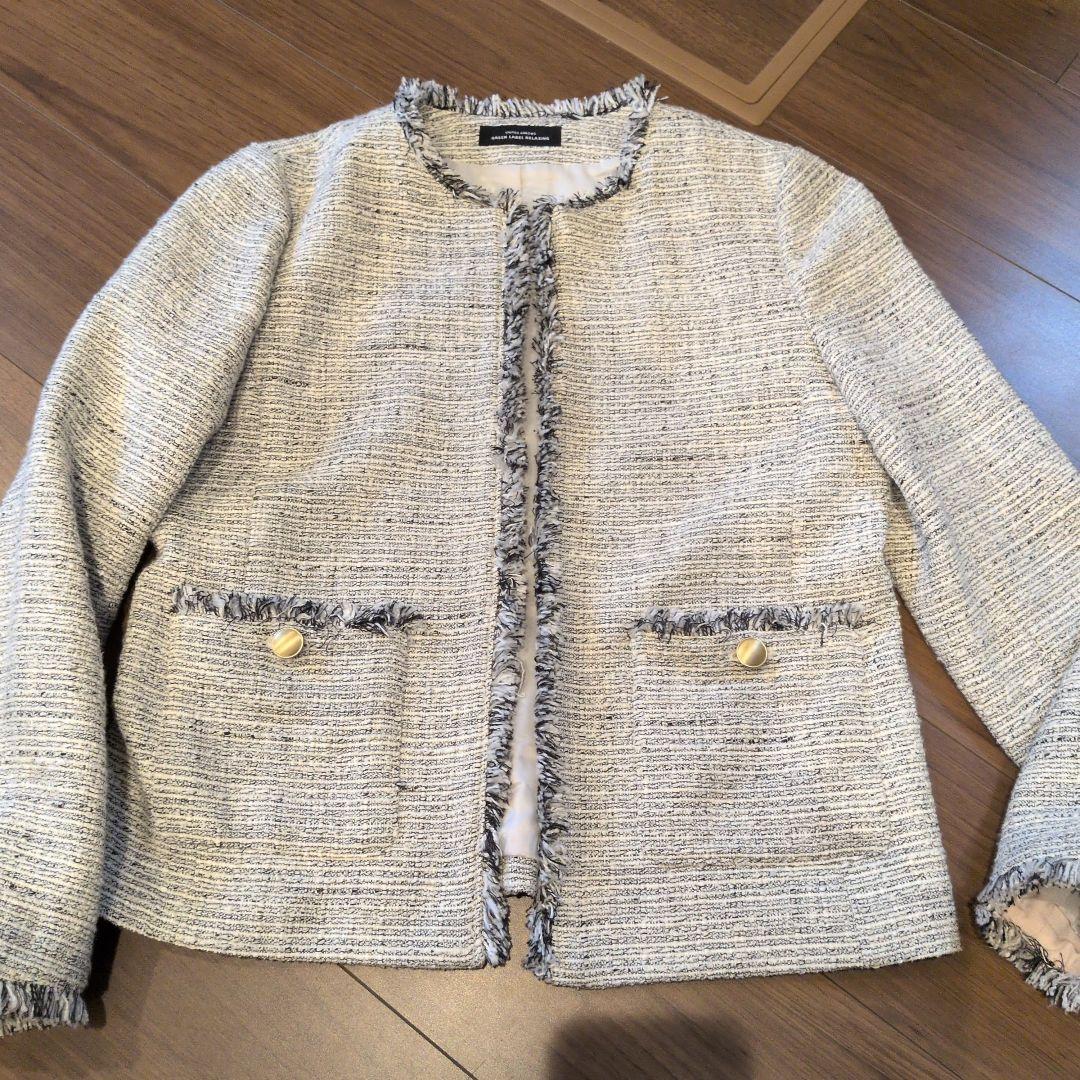 himawariツイードノーカラージャケット グリーンレーベルリラクシング