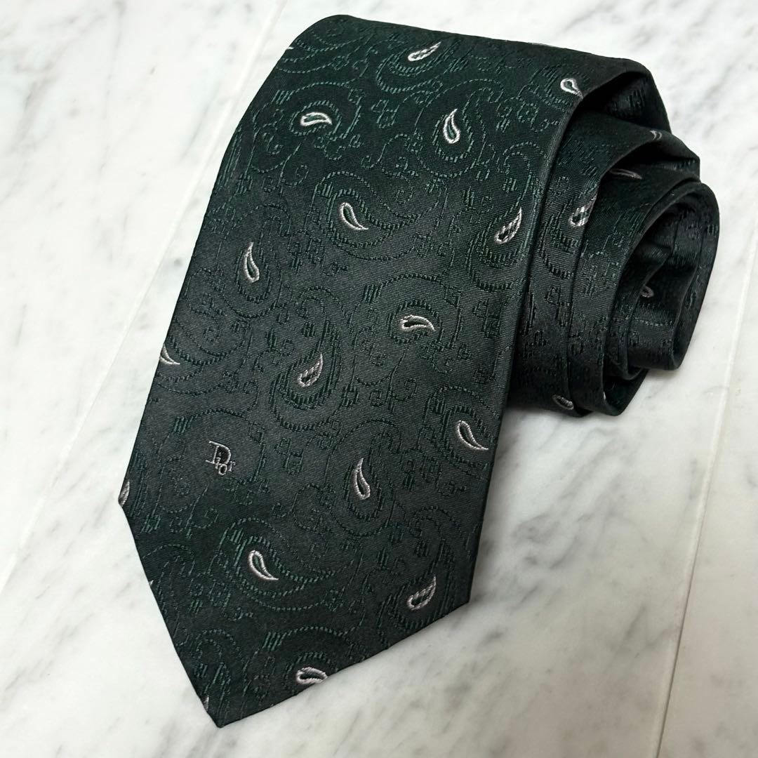 Christian Dior ネクタイ グリーン 深緑 ペイズリー柄 ロゴ