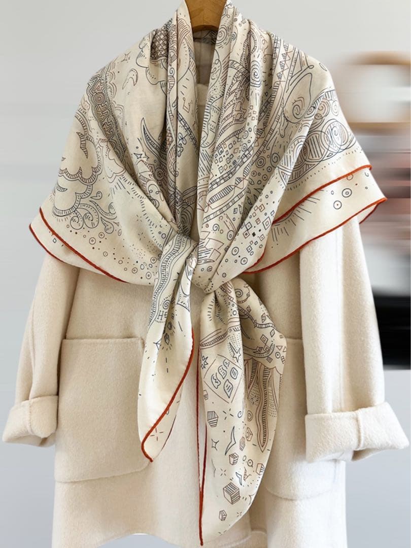 @H32 羊毛 シルク 大判ストール リバーシブル