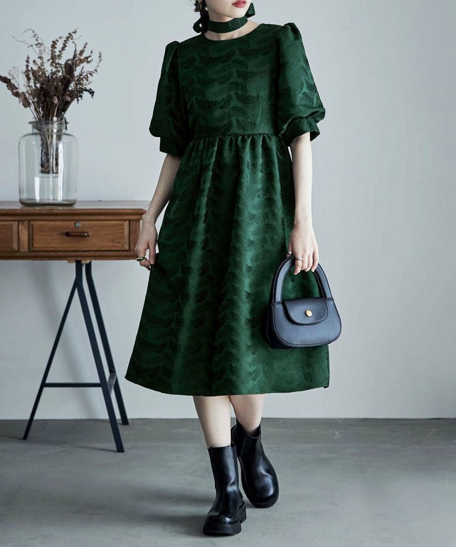 etoll. ジャガードパフスリーブドレス グリーン