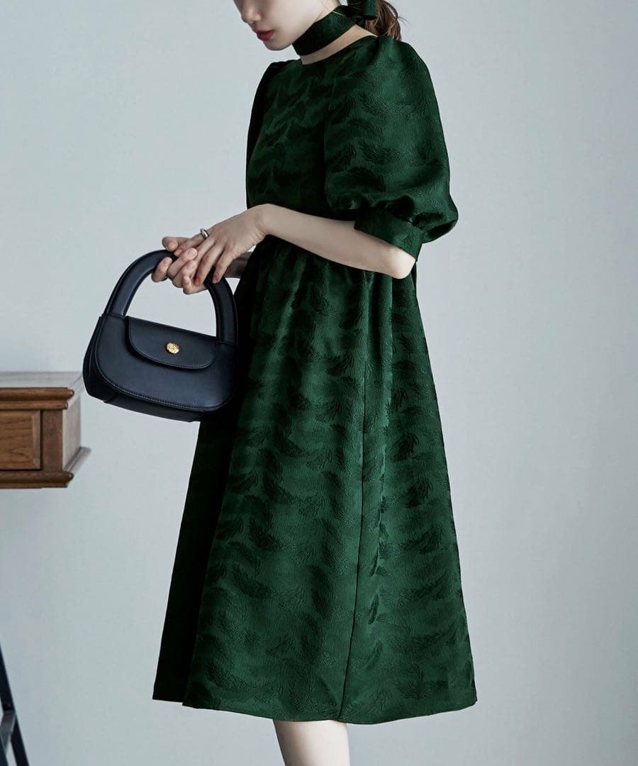 etoll. ジャガードパフスリーブドレス グリーン