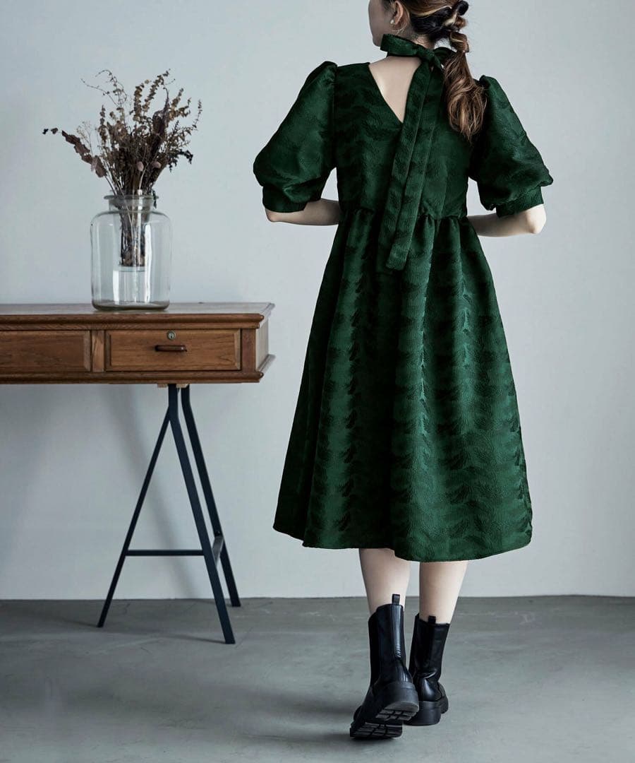 etoll. ジャガードパフスリーブドレス グリーン