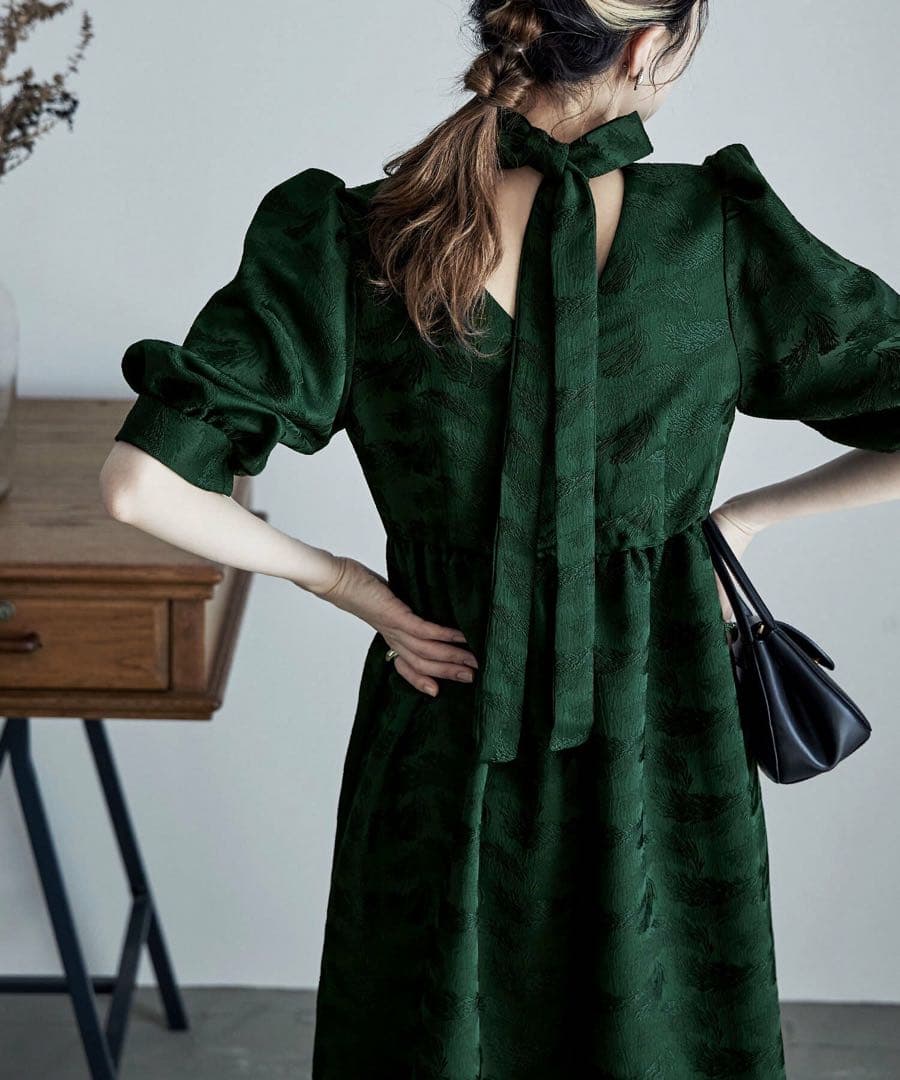 etoll. ジャガードパフスリーブドレス グリーン