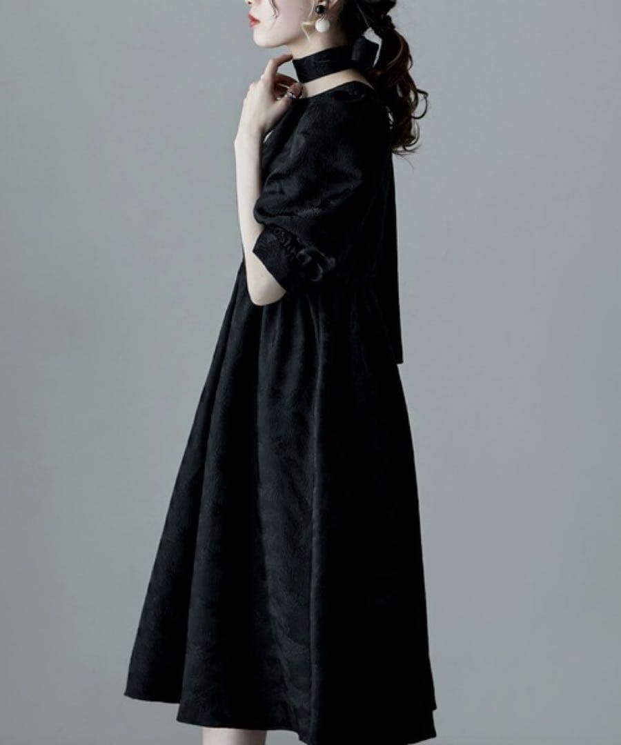 etoll. ジャガードパフスリーブドレス グリーン