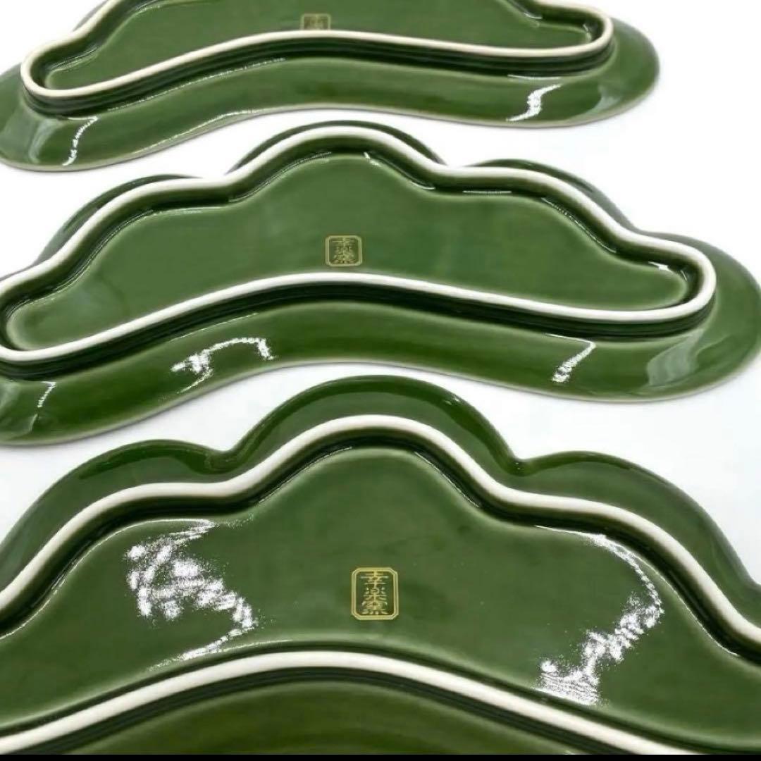 【新品】【大人気】有田焼幸楽窯 錦茶緑金松葉形前菜皿3枚セット　縁起物