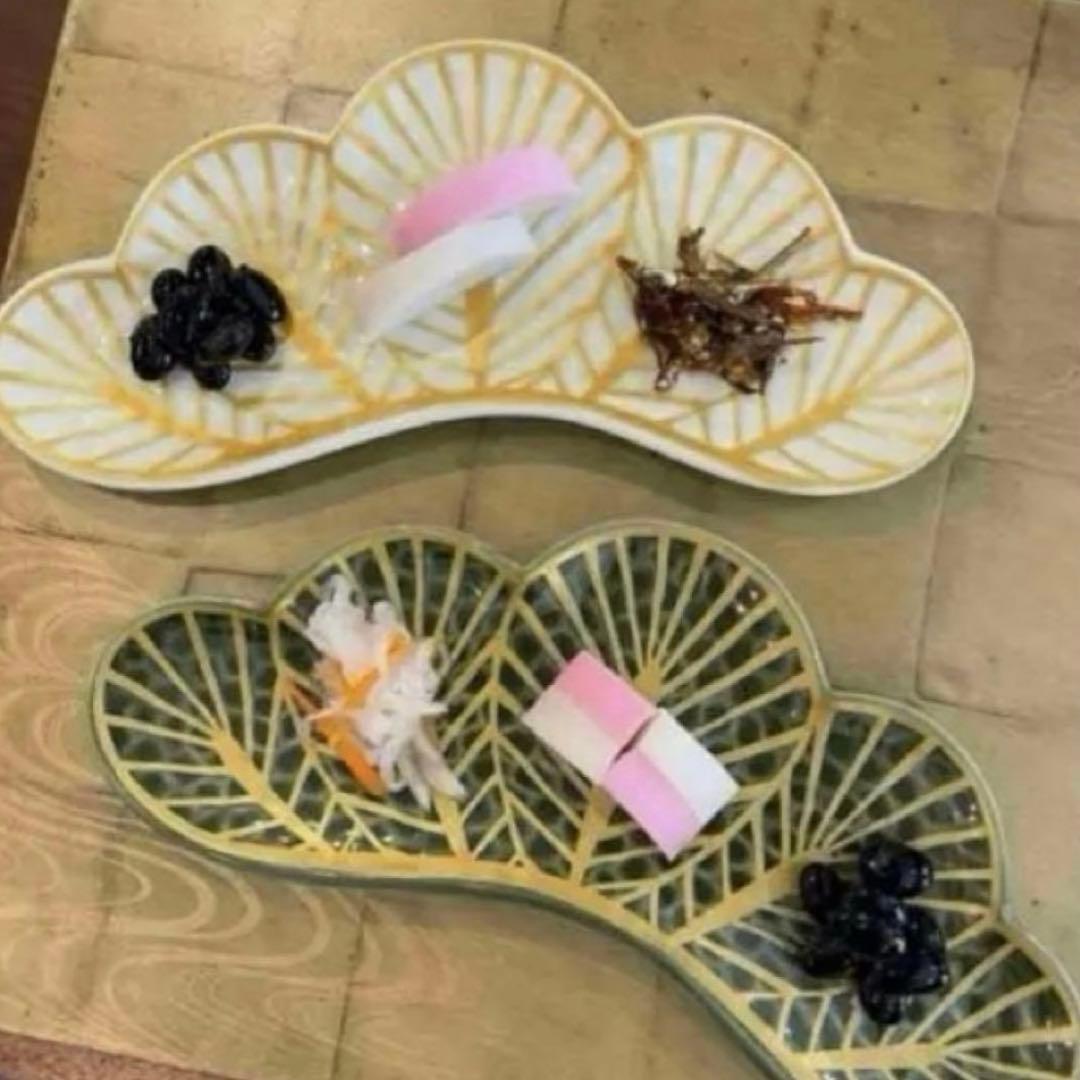 【新品】【大人気】有田焼幸楽窯 錦茶緑金松葉形前菜皿3枚セット　縁起物