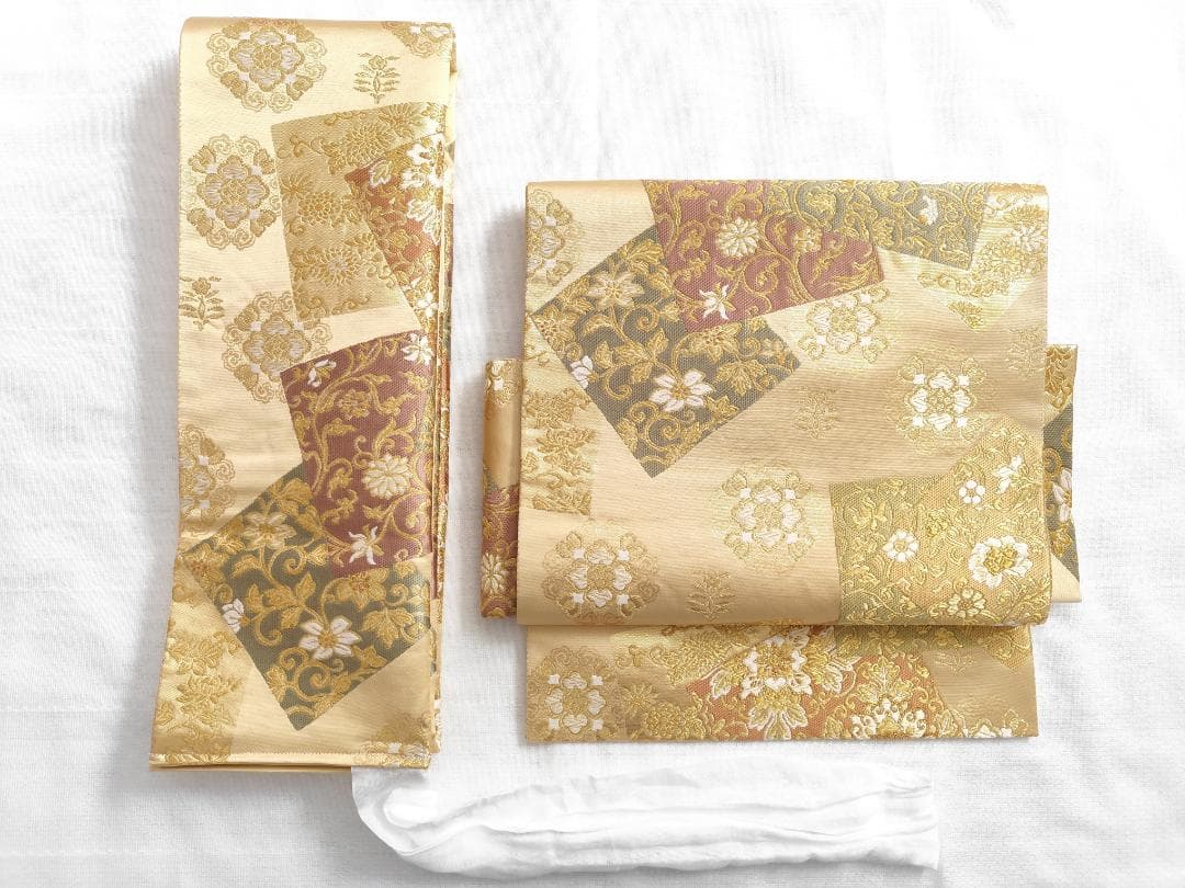 【作り帯】袋帯 二重太鼓 色紙 華文 金糸 箔 二部式帯 F096