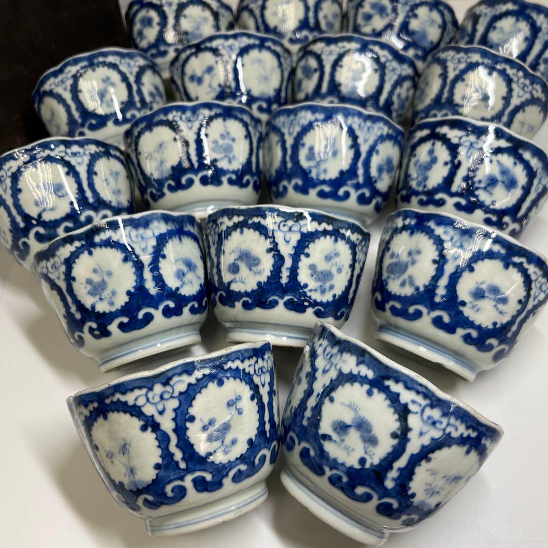 専用古伊万里　染付大猪口17客　木箱口径約8.5㎝　東Y7-0620⭐︎2Fトヒコ