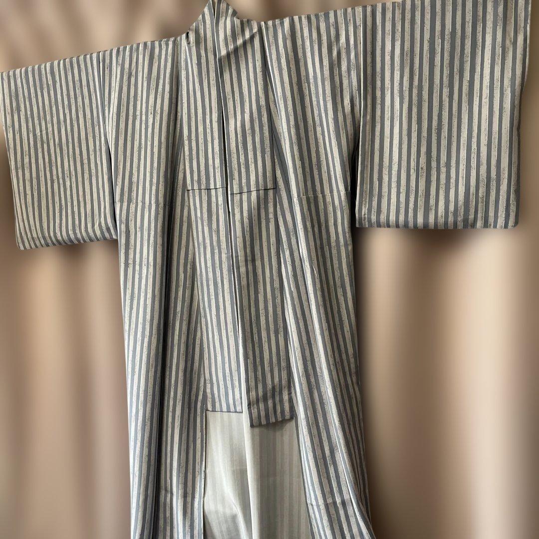 上質シルック　くすみブルー×ピンクストライプ　ポリエステル単衣　小紋