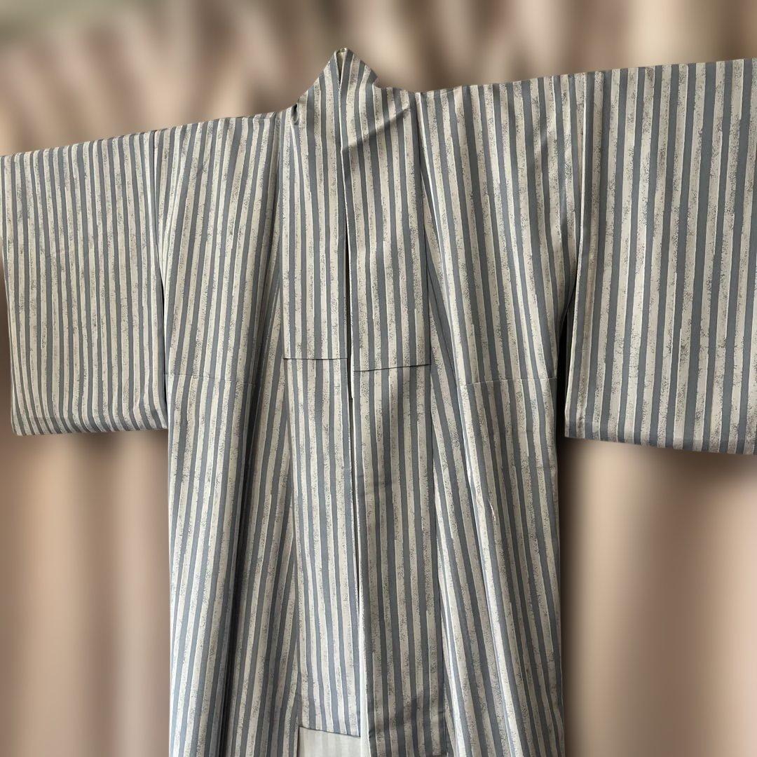 上質シルック　くすみブルー×ピンクストライプ　ポリエステル単衣　小紋