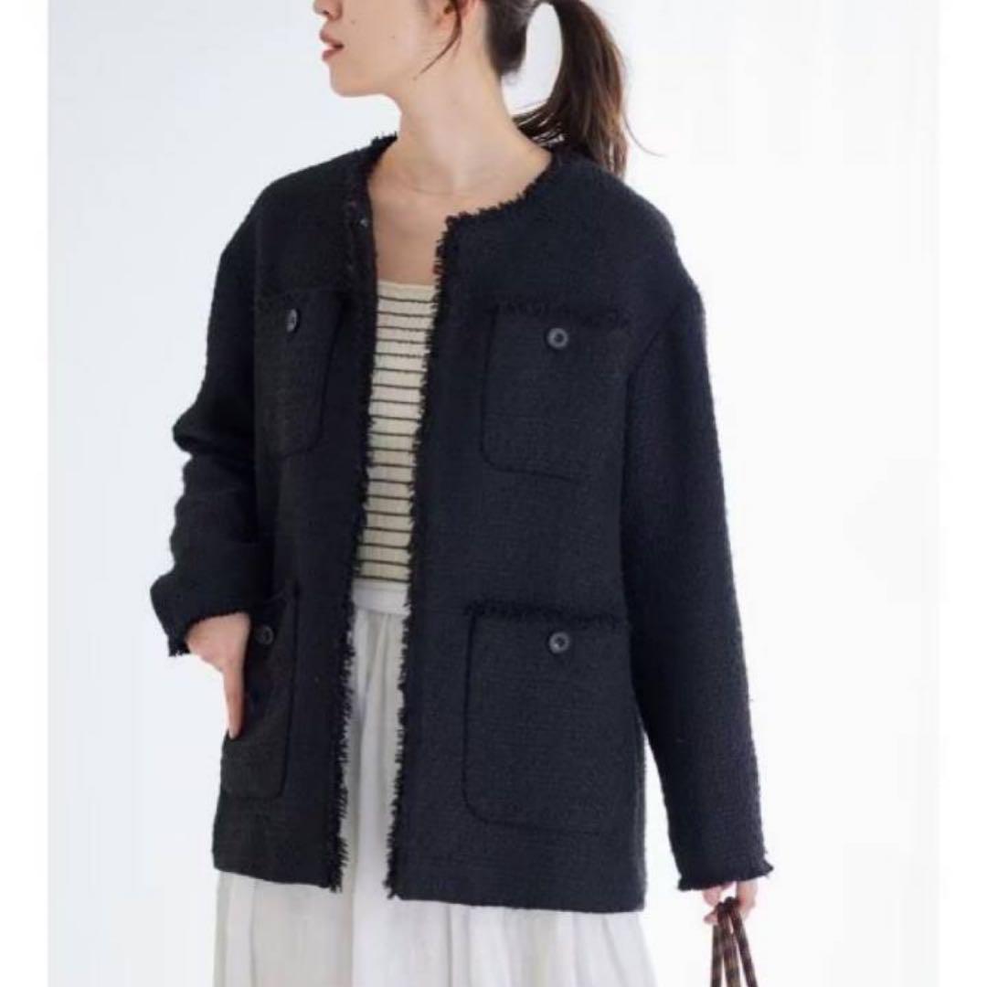 JOURNAL STANDARD ノーカラージャケット ツイード フリンジ 黒