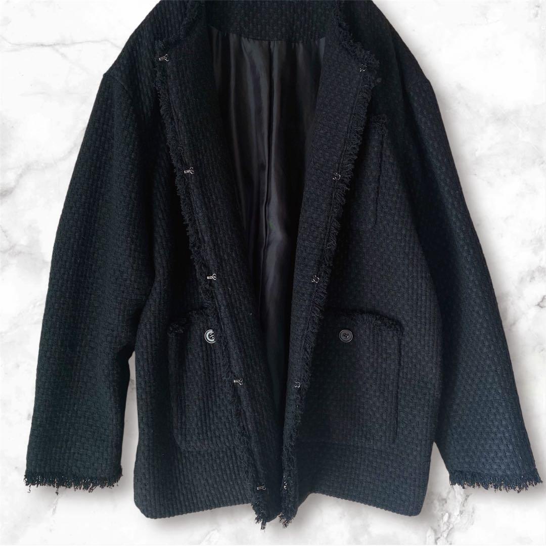 JOURNAL STANDARD ノーカラージャケット ツイード フリンジ 黒