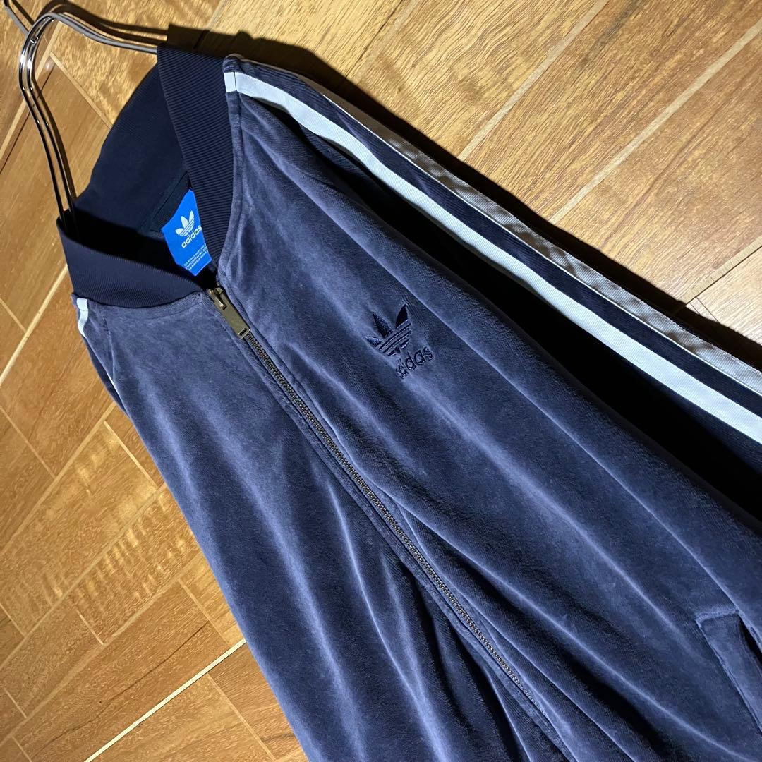 adidas ベロア　トラックジャケット　ジャージ　ネイビー　白　M〜L程