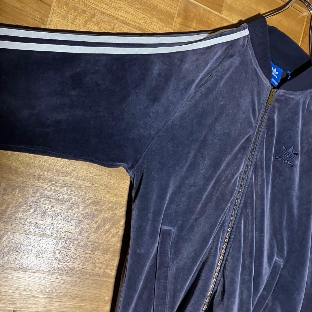 adidas ベロア　トラックジャケット　ジャージ　ネイビー　白　M〜L程