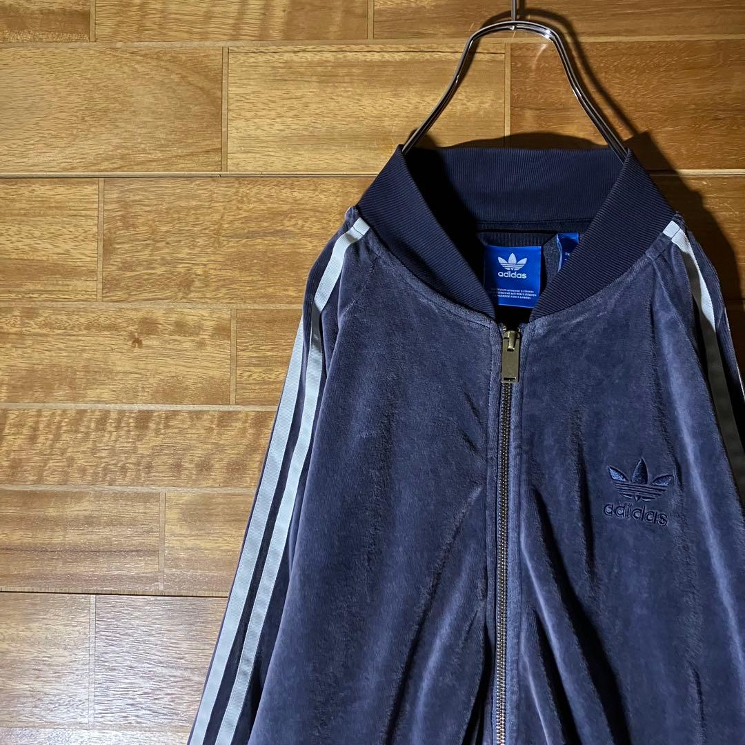 adidas ベロア　トラックジャケット　ジャージ　ネイビー　白　M〜L程