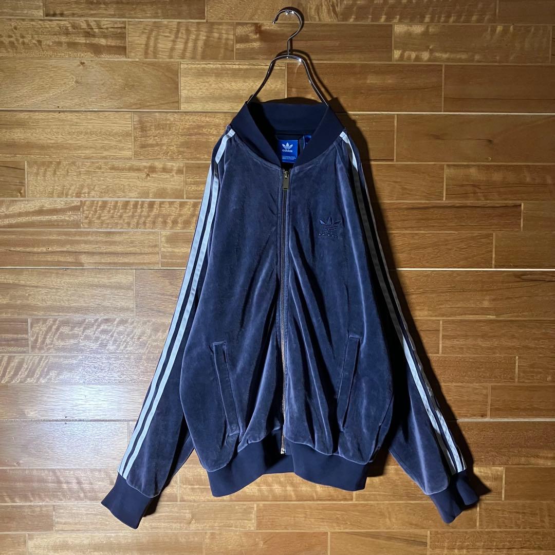 adidas ベロア　トラックジャケット　ジャージ　ネイビー　白　M〜L程