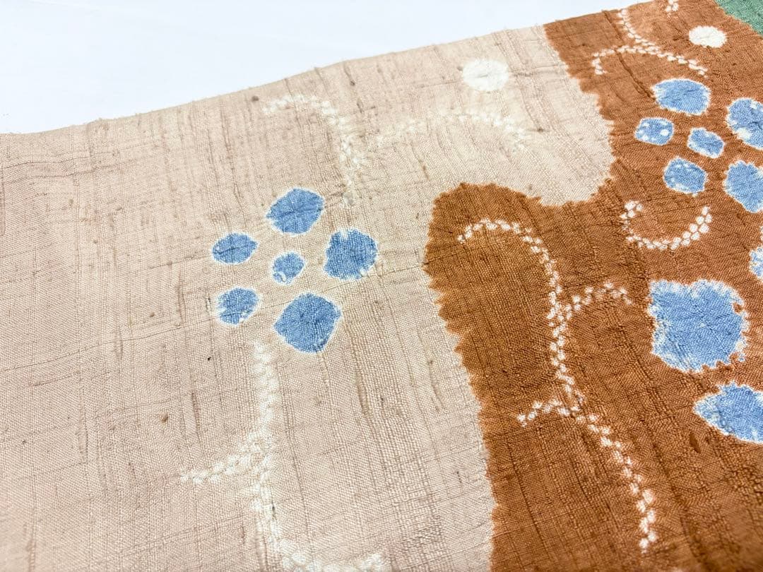 B5 蝶に花模様 絞り 薄茶色系 紬 正絹 太鼓柄 開き名古屋帯 シャレ帯