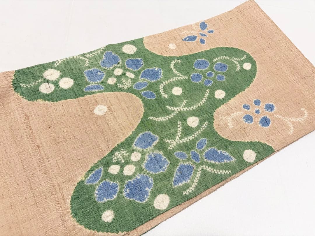 B5 蝶に花模様 絞り 薄茶色系 紬 正絹 太鼓柄 開き名古屋帯 シャレ帯