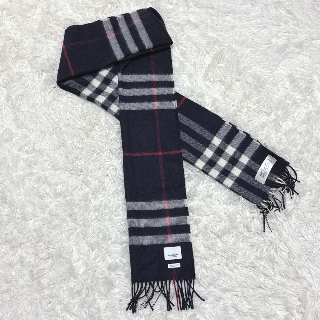 現行☆BURBERRY バーバリー　カシミヤマフラー　チェック　ネイビー