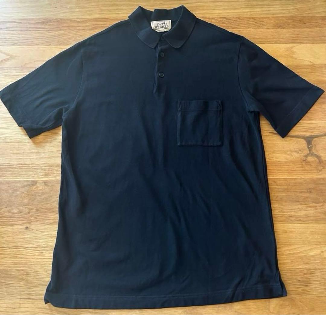 【美品】HERMES エルメス ポロシャツ H刺繍 コットン メンズ 黒