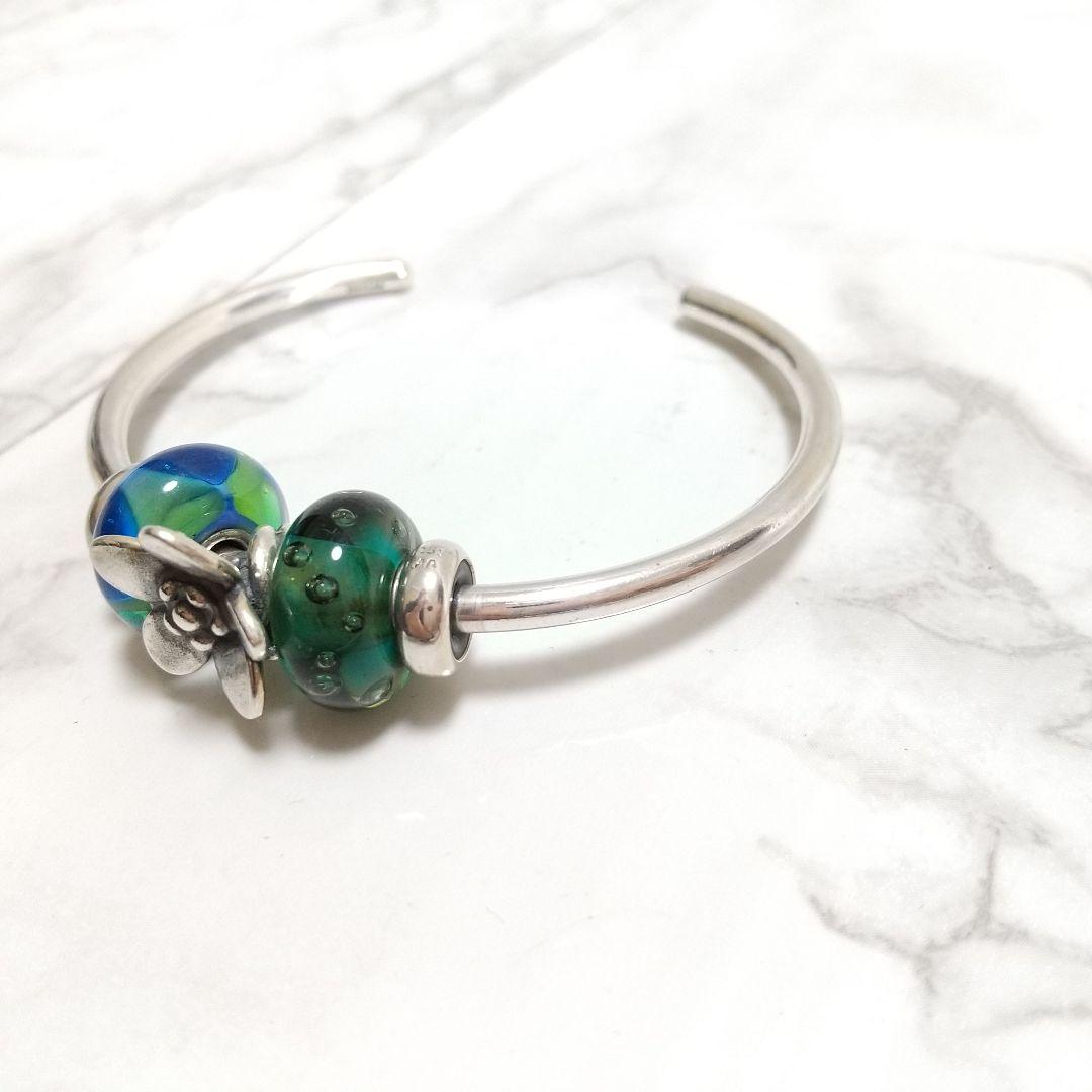 トロールビーズ　シルバー925バングル　スペーサー　花　リーフ　グリーン　セット