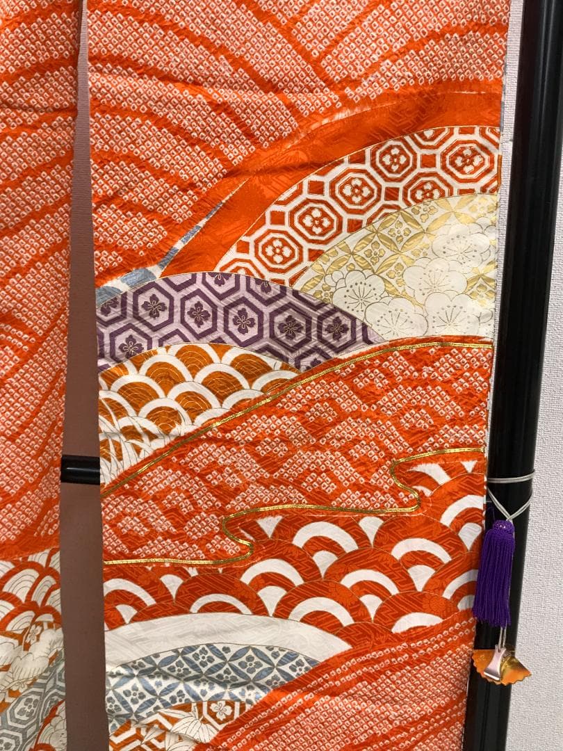 HG8847 振袖 絞り オレンジ 梅 松 菊 鱗 着丈約166.5ｃｍ 着物