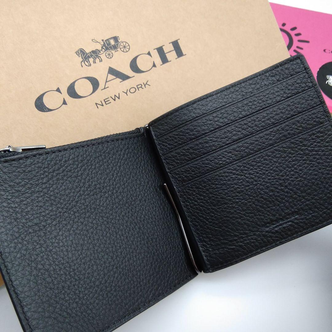 新品　COACH　マネークリップ　折り財布　メンズ　人気の小銭入れ付き　ブラック