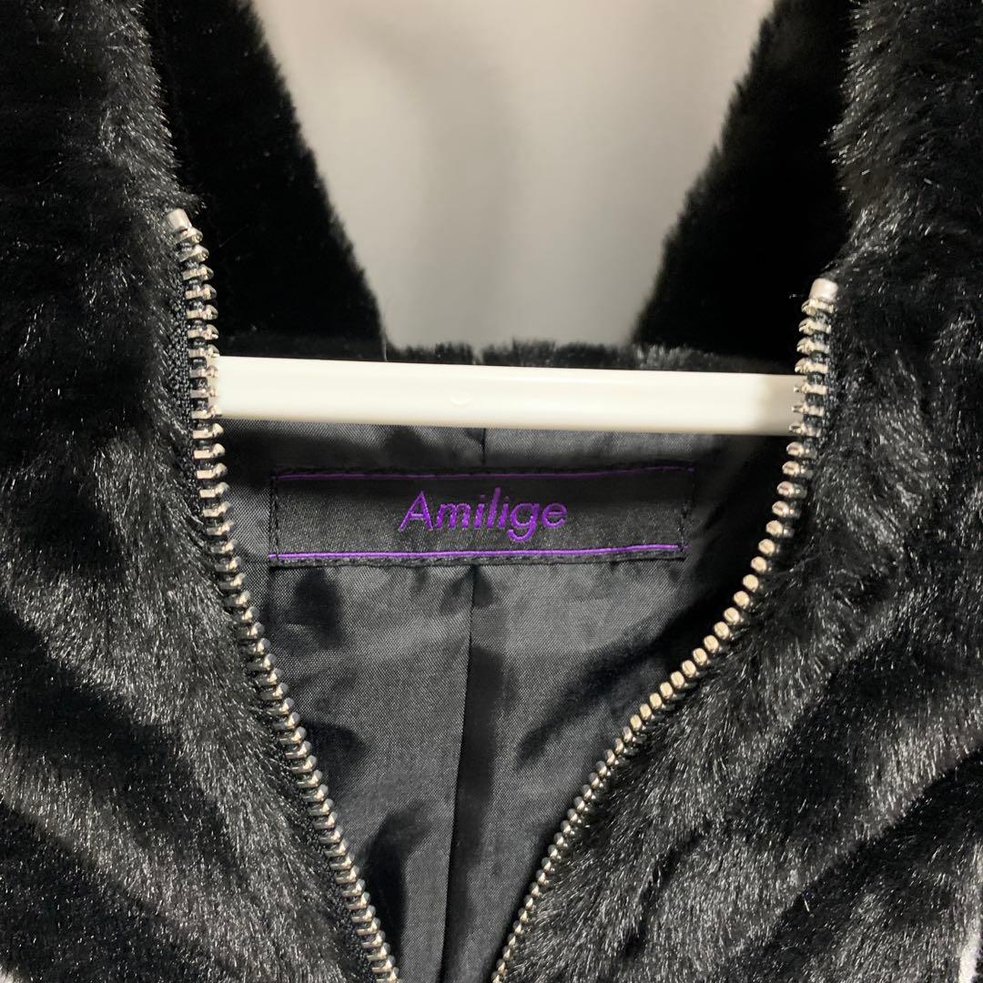 Amilige ネコ耳ハートロゴ刺繍ZIPショートファーコート