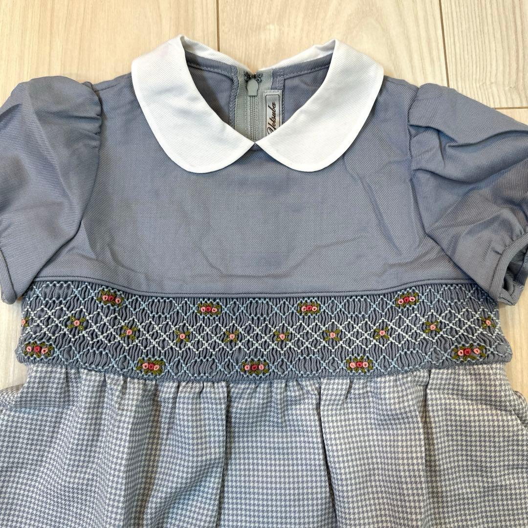 よつば 半袖ワンピース 100 受験 冠婚葬祭　千鳥格子 スモッキング刺繍