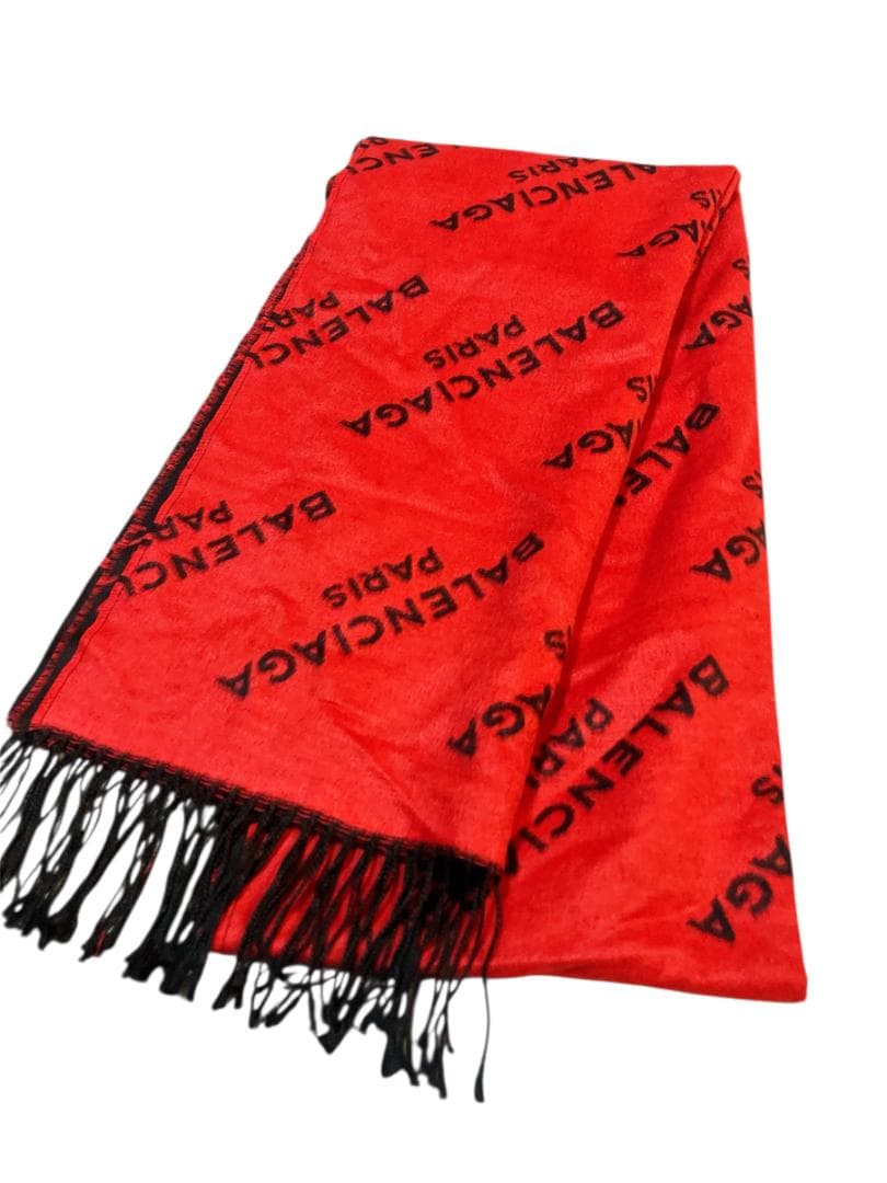 BALENCIAGA フリンジ マフラー 防寒具 レッド系×ブラック系