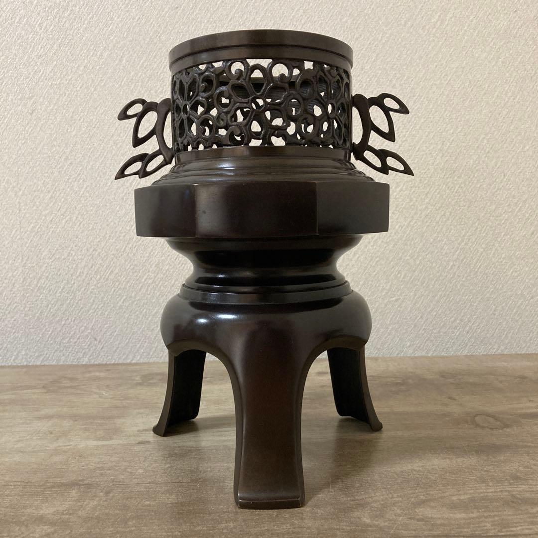 高岡銅器　薄端　中光　花器　茶道具　透かし彫り　ビンテージ〈検 池坊　華道いけ花