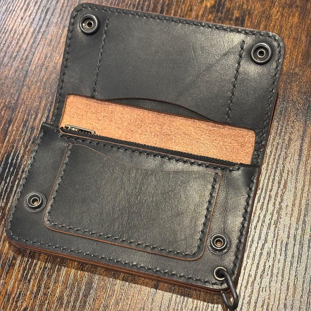 栃木レザー　ミドル　トラッカーウォレット　茶芯ブラック　3層
