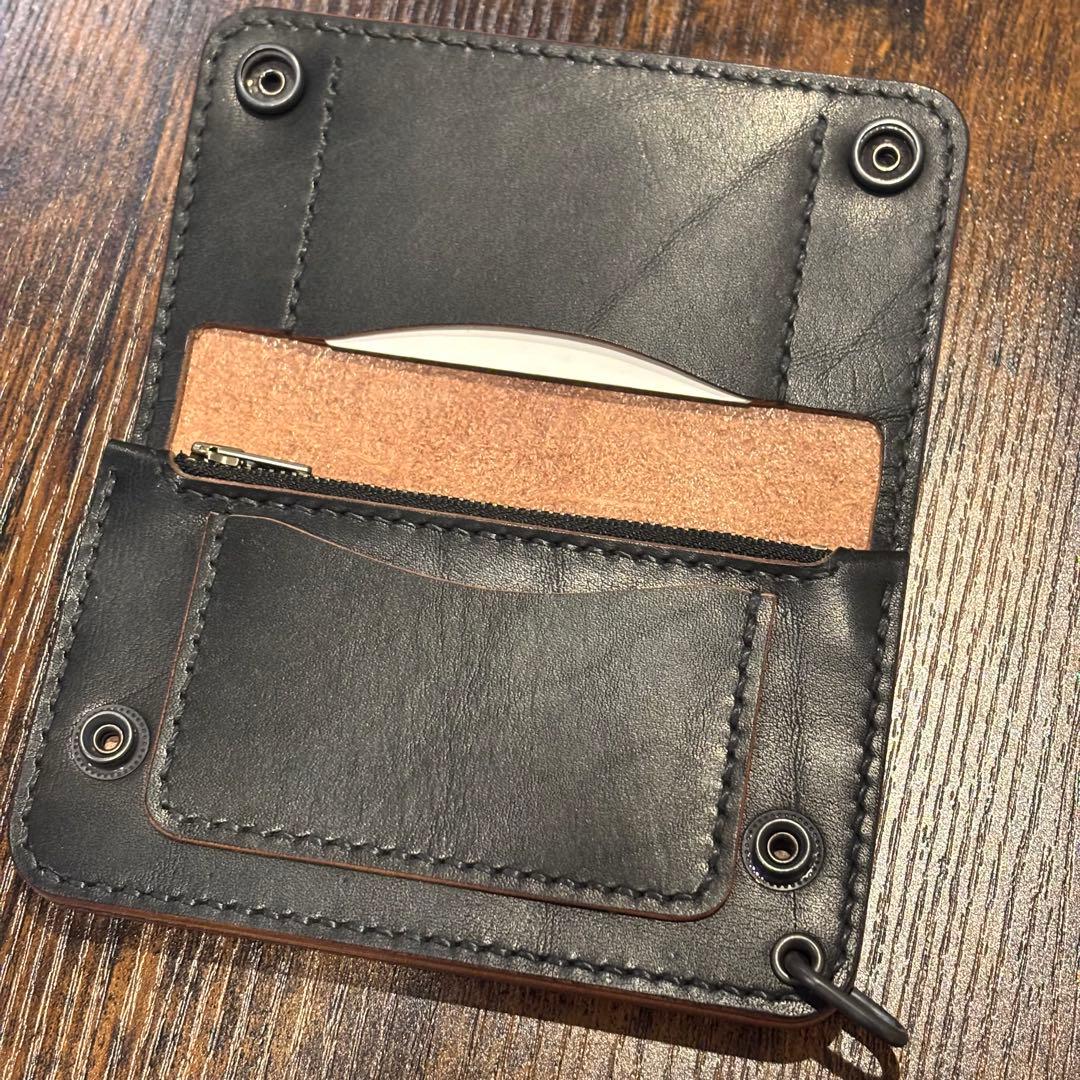 栃木レザー　ミドル　トラッカーウォレット　茶芯ブラック　3層