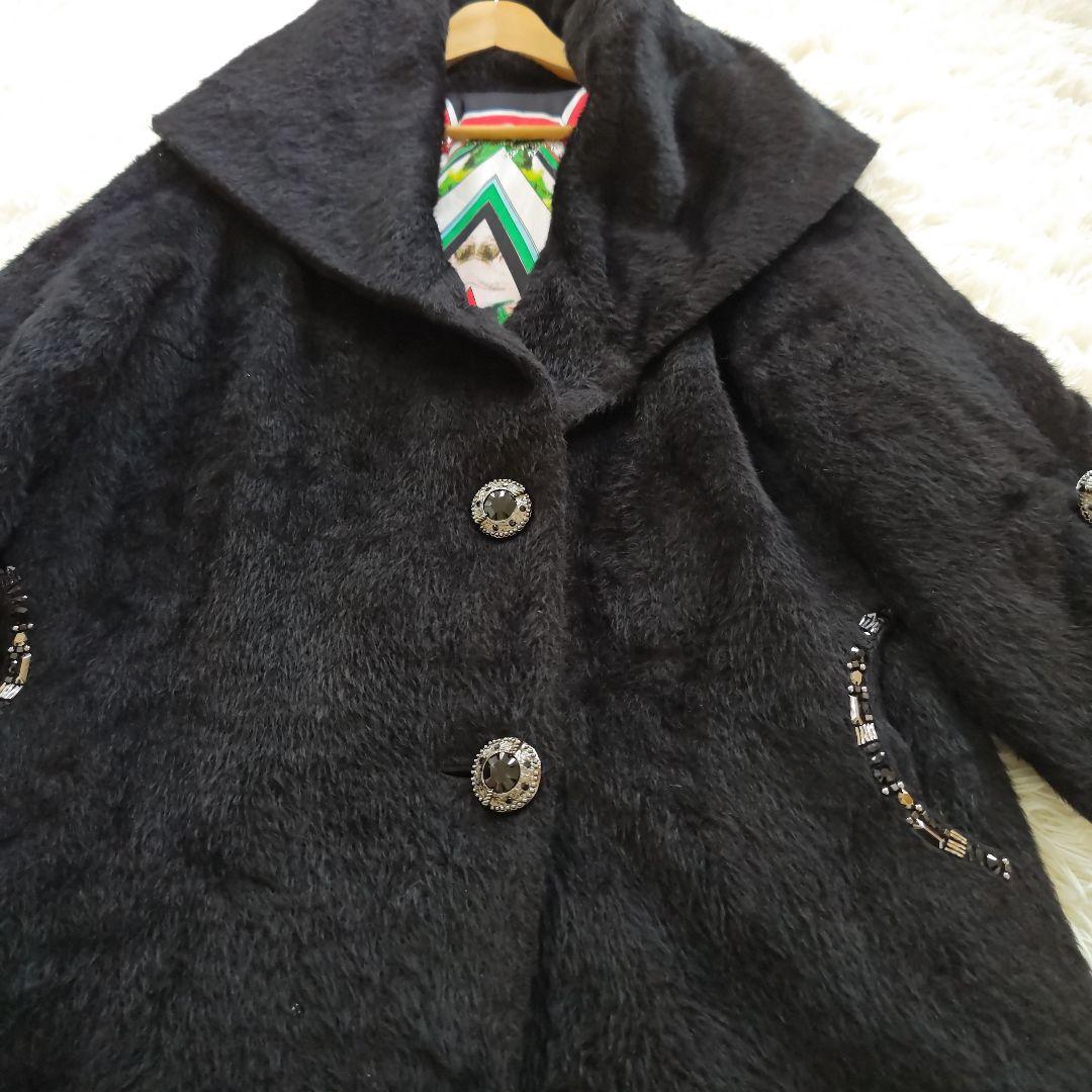 【伊太利屋】イタリヤ　ウール　アルパカ混　ブラック　ロングコート　総柄　Lサイズ