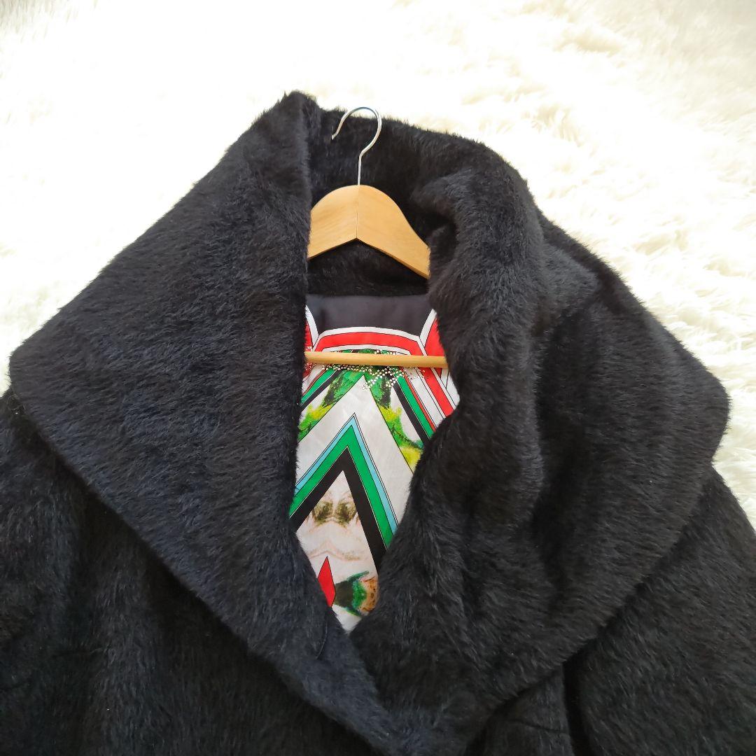 【伊太利屋】イタリヤ　ウール　アルパカ混　ブラック　ロングコート　総柄　Lサイズ