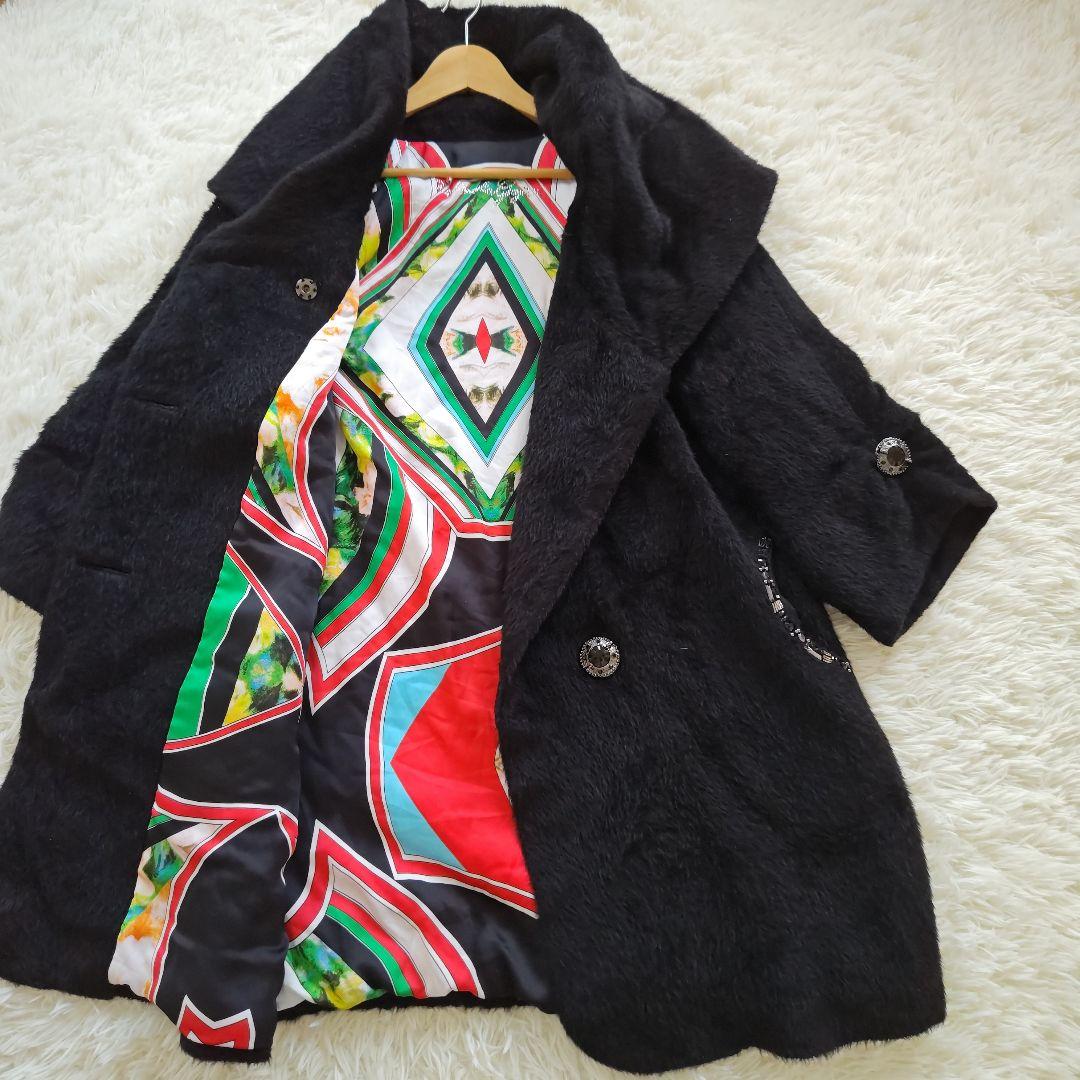 【伊太利屋】イタリヤ　ウール　アルパカ混　ブラック　ロングコート　総柄　Lサイズ