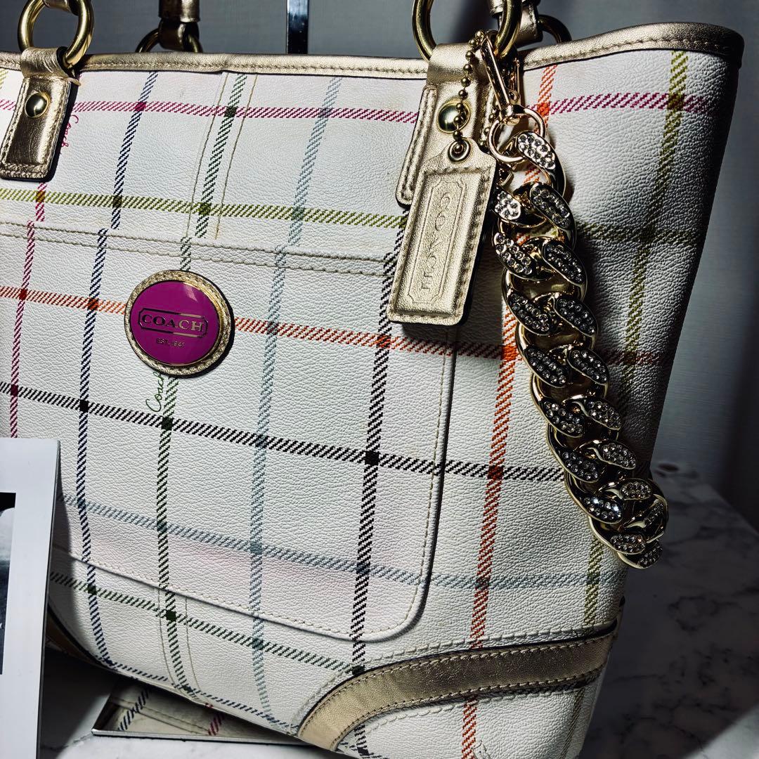 美品 COACH コーチ トートバッグ ショルダーバッグ チェック柄