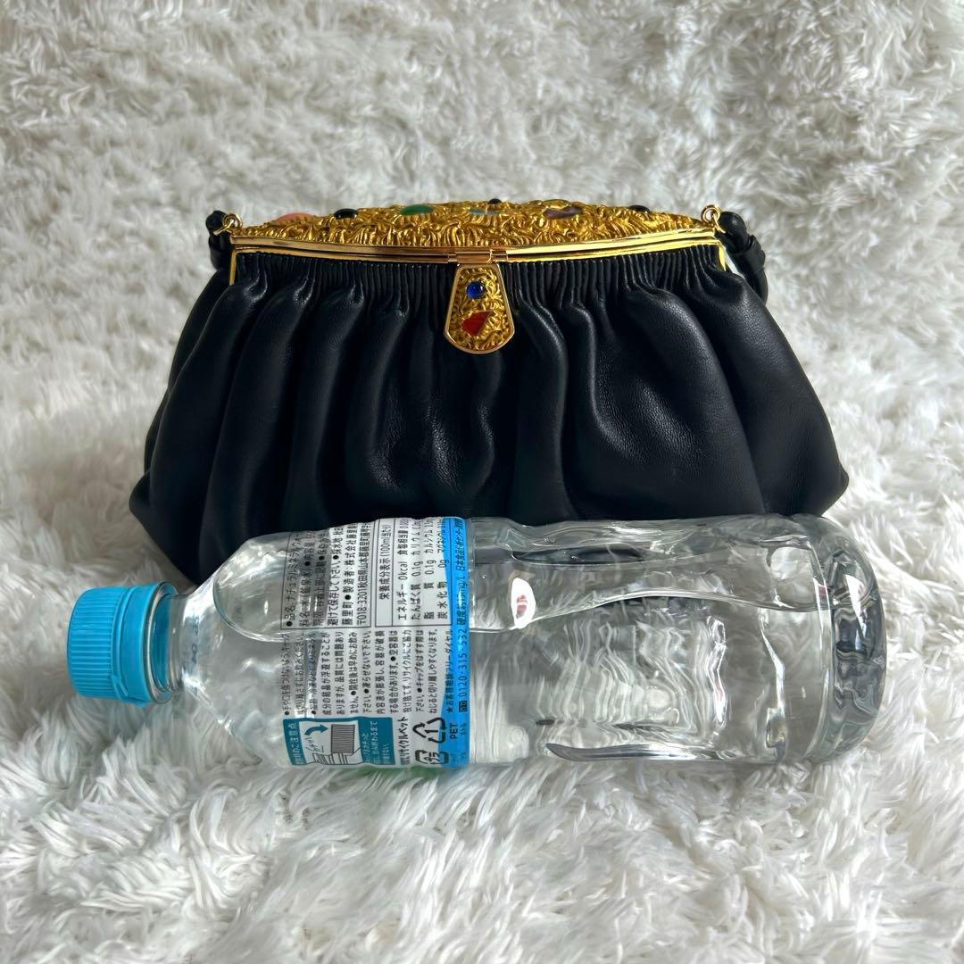 【美品】ハマノ ハンドバッグ サンピエトロ がま口 ビジュー ブラック　レザー