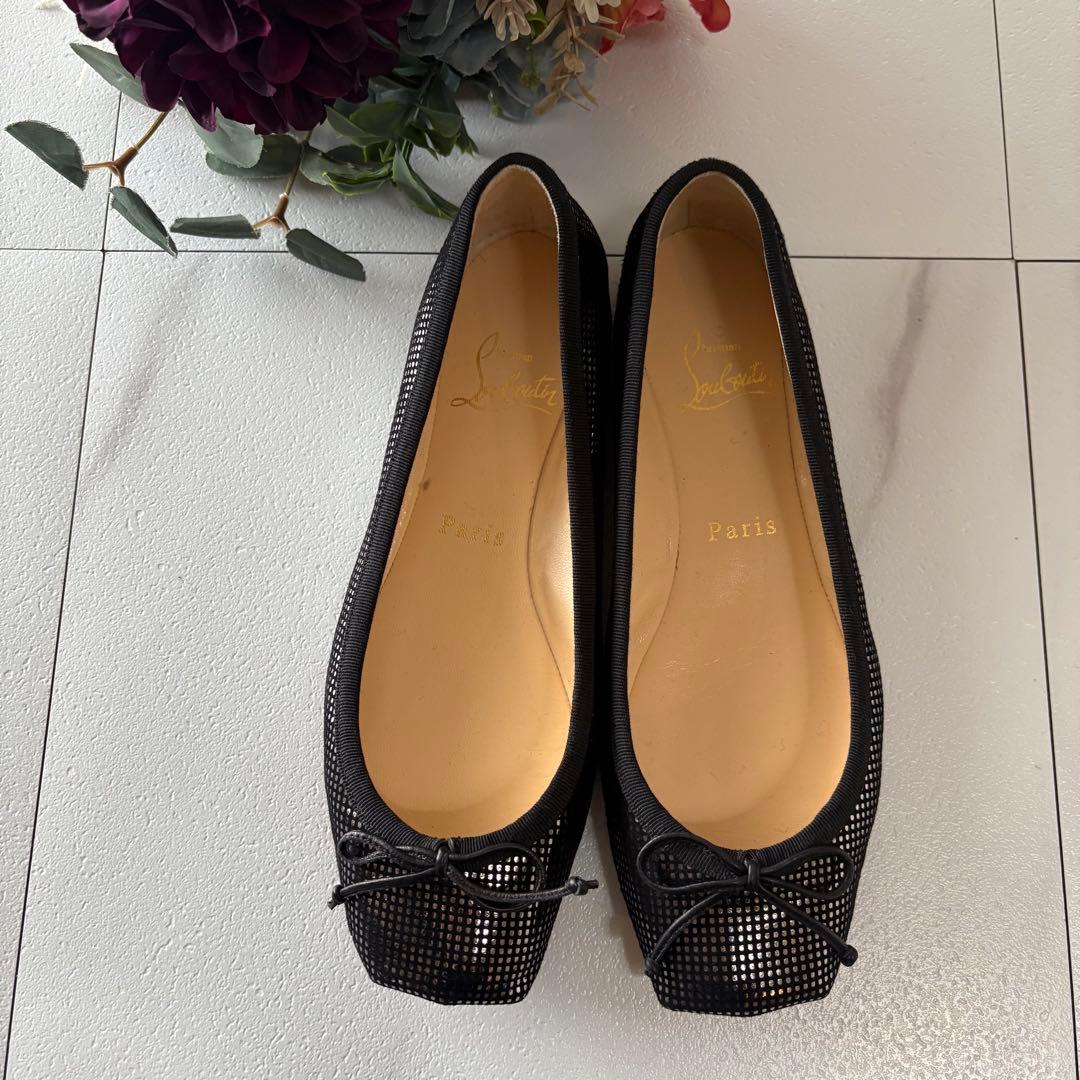 クリスチャンルブタン　リボン付きフラットパンプス　ブラック　36