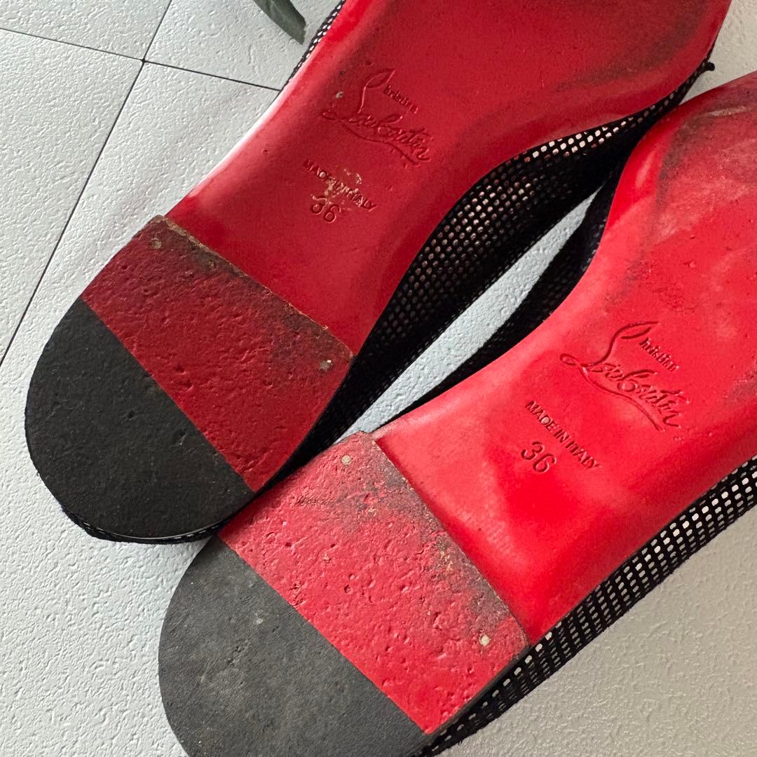 クリスチャンルブタン　リボン付きフラットパンプス　ブラック　36