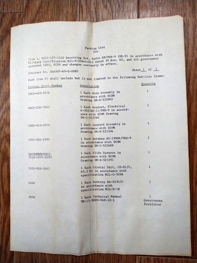 アメリカ軍実物　69年製　PRR-9受信機/PRT-4送信機